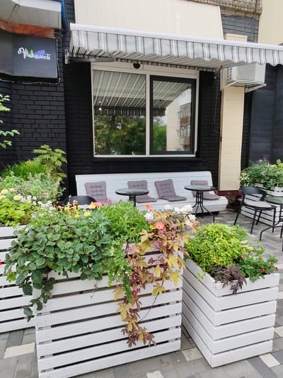 The image shows a seating area outside a building, likely a cafe or restaurant, in Tomsk, Russia. The building has a black brick facade with a large window covered by a striped awning. A sign with Cyrillic text and a stylized graphic of a blueberry is mounted on the brick wall to the left of the window.

In front of the building, there are white slatted planter boxes filled with various green plants and flowers. Two small, round tables and a white bench with grey cushions are placed in front of the window. To the right, there are two black metal chairs with grey cushions around a small table. The ground is paved with grey and beige interlocking pavers. The scene appears to be an outdoor seating area, possibly in the summer or early autumn, with lush greenery and comfortable seating.