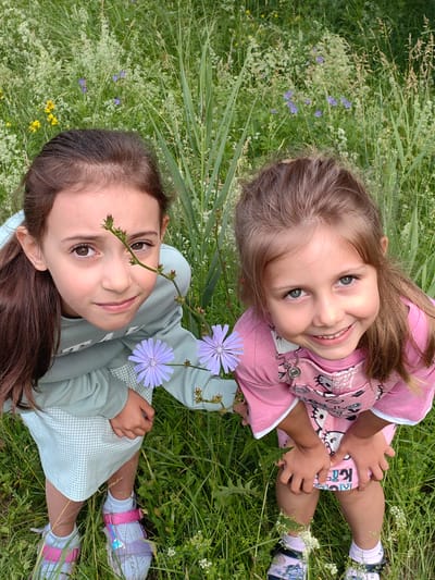 Two young girls are posing for a photo in a grassy field in Il'inskoe, Russia. The girl on the left has dark brown hair pulled back in a ponytail and is wearing a light blue and white checkered dress with a light blue long-sleeved top underneath. She is looking at the camera with a curious expression. The girl on the right has light brown hair and is wearing a pink t-shirt with overalls that feature a Hello Kitty design. She is smiling widely at the camera.

Both girls are surrounded by tall green grass and wildflowers, suggesting a sunny day outdoors. Two light purple chicory flowers are visible in the foreground, with one of them extending towards the girl on the left. The overall scene conveys a sense of childhood joy and a connection with nature. The setting appears to be a natural, undeveloped area, possibly a meadow or park. The time of day seems to be daylight, with clear lighting.