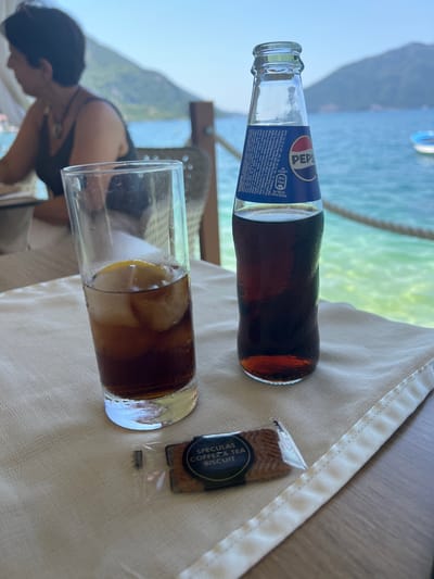 A table setting at an outdoor cafe in Risan, Montenegro, is captured, featuring a glass of cola with ice and lemon, a bottle of Pepsi, and a small packaged speculoos biscuit. A woman, seen from the side, is seated at a table to the left, with her dark hair pulled back. She is wearing a dark top and a necklace. The background reveals a tranquil waterfront scene with clear turquoise water, distant hills, and a boat. The table is covered with a light-colored cloth. The lighting suggests it is daytime.