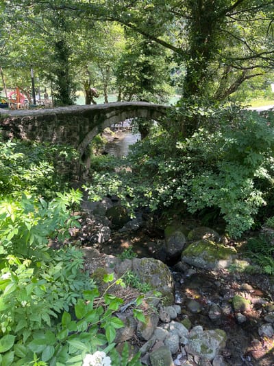 The image depicts an old stone arch bridge spanning a shallow, rocky stream in Mirveti, Georgia. Lush green foliage, including trees and bushes, surrounds the bridge and the stream, with sunlight filtering through the leaves, creating dappled shadows. The bridge is constructed of rough-hewn stones, some covered in moss. On the far side of the bridge, beyond the arch, a calm body of water, likely a river or lake, is visible, reflecting the surrounding greenery. A few tables and chairs are placed on a paved area to the left of the bridge, suggesting a seating area or cafe. The stream bed is filled with rocks of various sizes, some submerged in the clear water. No people are visible in the scene.