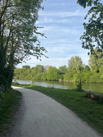 The image depicts a pathway running alongside a body of water, likely a canal or a river, in what appears to be a park or green space. The pathway, composed of light-colored material, curves towards the right. Lush green grass and dense vegetation border the water's edge and the pathway. Trees, with green foliage, frame the top and left side of the image, partially obscuring the sky. The sky is blue with wispy clouds. Based on the location information provided, this scene is located in Marquette-lez-Lille, France. No people are visible in the image.