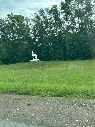 The image shows a white statue of a dog, possibly a husky, standing on top of a small grassy hill. The statue is positioned in the center of the frame, with a dense line of trees forming the background. The foreground consists of a gravelly road and a field of tall green grass. The sky is overcast with some visible clouds. The location is identified as Ilteryakovo, Russia.