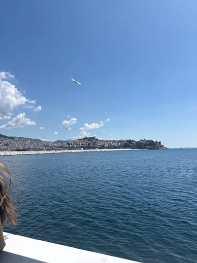 The image shows a body of water in front of a city built on a hillside, identified as Kavala, Greece. The city has a dense collection of buildings with red-tiled roofs, and a prominent structure, possibly a fortress or castle, is visible on the highest point of the hill. A breakwater made of large white rocks extends along the coastline. The sky is blue with scattered white clouds. A single seagull is in flight in the upper left quadrant of the image. Part of a person's shoulder and hair is visible in the lower left corner, suggesting the photo was taken from a boat or elevated vantage point looking out towards the city.