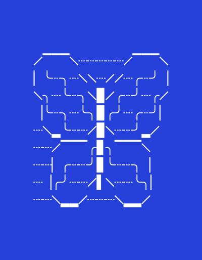 A white, abstract, butterfly-like shape is depicted on a solid blue background. The shape is composed of various white lines and rectangular segments that suggest a circuit board or a stylized representation of veins. It is symmetrically designed, with a central vertical element and wing-like structures extending outwards. There are no discernible city locations, people, or actions in this image; it is a graphic design element.