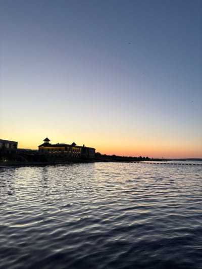 The image captures a waterfront scene at dusk. The sky transitions from a deep blue at the top left to a warm orange and yellow gradient near the horizon, indicating sunset. Several birds are visible in the sky.
Along the horizon, a line of buildings is silhouetted against the colorful sky. These buildings appear to be residences or possibly hotels, with some windows illuminated, suggesting evening activity. The architecture includes pitched roofs and towers, contributing to a picturesque, possibly resort-like setting. A dark line of trees borders the buildings, separating them from the water.
The foreground is dominated by rippling water, reflecting the dimming light. The water's surface is textured with small waves, creating a pattern of light and shadow that suggests movement. The overall mood is serene and tranquil, characteristic of the end of the day by the water.
The location is identified as Kazashko, Bulgaria. No visible text is present in the image.