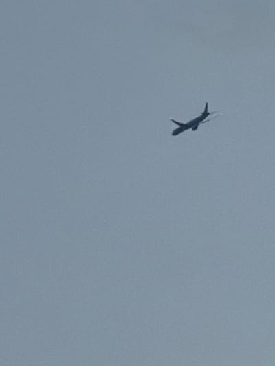 A solitary, dark-colored object resembling an airplane or drone is captured against a uniform, pale gray sky. The object appears to be in freefall or mid-maneuver, with its tail angled upwards and its body tilted. One wing is clearly visible, extended slightly, while the other is less defined. A thin, curved line, possibly a trail or part of the object's structure, extends from its upper section into the sky. The overall impression is one of isolation and motion against a vast, featureless backdrop, suggesting it is high in the atmosphere. The lighting is even, indicating it could be daytime, but without any shadows or distinct features in the sky, the time of day and specific weather conditions are indeterminate. There are no discernible human figures, buildings, or natural landscape features, leading to an ambiguous location context, though the object's silhouette strongly suggests it is an aircraft. No text is visible in the image.