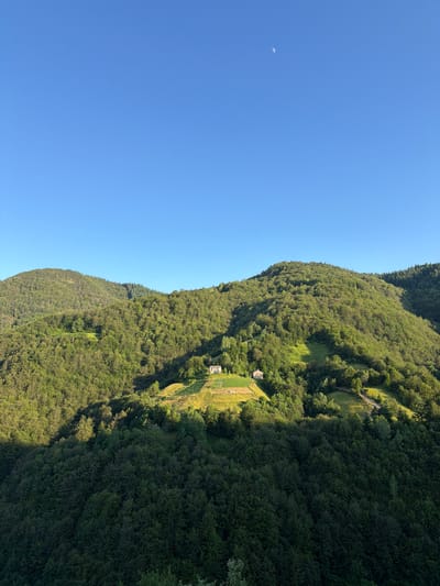 This is a vertical, wide-angle shot of a lush green mountain under a clear blue sky. The mountain is densely covered with trees, with patches of cultivated land and two small, rustic buildings visible on the lower slopes. The sun is casting shadows, indicating it is likely daytime, possibly late afternoon given the length of the shadows. A sliver of the moon is visible in the upper left portion of the sky. The scene conveys a sense of tranquility and remote natural beauty, suggesting a rural or mountainous setting. There is no visible text in the image.
