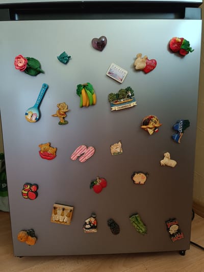 The image is a close-up, eye-level shot of a refrigerator door covered in various magnets. The door itself is a smooth, metallic gray surface. The magnets are diverse in design and material, including a red and pink rose with green leaves, a small green leaf, a sparkly heart, two red apples with green leaves, a heart with birds and Russian text, a postcard magnet with text and an image of a beach, a bunch of yellow and green bananas, a blue spoon with beach huts, a cat figure dressed as a ballerina, a small bear figure in a red dish, two pink flip-flops, a magnet depicting a scene with a person in a boat and trees with the word "CAMBRIDGE" below, a circular magnet with a chicken and eggs, a magnet in the shape of Latvia with text, a wooden magnet of a chicken, a white lamb figure, a red strawberry, a pink pig with a heart, a group of bottles in a wooden crate with ice, a figure of a couple in traditional Dutch attire with the word "HOLLAND" below, a red and yellow ladybug, two orange pumpkins, a pineapple, a bunch of green asparagus, and a magnet with cartoon characters and the words "YOU SUCK!". The lower right corner of the image shows a dark electrical cord and a section of a wooden floor. There are no indications of the city of Tebras, Latvia, within the image itself.