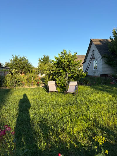 The image depicts a sunny outdoor scene in a rural setting, likely a backyard in Pisky, Ukraine. A white brick house with a dark roof is visible on the left side of the frame, with a ladder leaning against its wall. The yard is covered in lush green grass, with trees and bushes dotting the landscape. Two grey folding chairs are placed on the grass, suggesting a relaxed atmosphere. A shadow of a person is cast on the grass, indicating it is daytime, likely late afternoon or early evening due to the warm, angled sunlight. The sky is a clear, vibrant blue. In the foreground, a rose bush with pink flowers adds a touch of color to the scene. The overall impression is one of a peaceful, well-kept garden on a bright, warm day.