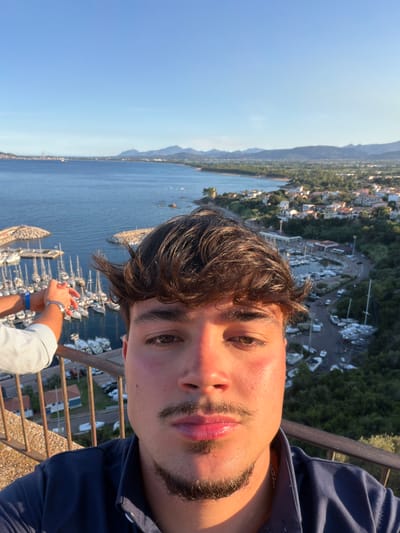 The image is a selfie taken by a young man with brown hair and a mustache, standing on a balcony overlooking a harbor in Santa Maria Navarrese, Italy. The man is wearing a dark blue shirt. To his left, another person's arms are visible, one wearing a striped shirt and a watch, the other with a blue bracelet.

The background reveals a picturesque scene of a bay filled with numerous white sailboats docked. Beyond the harbor, the coastline is dotted with buildings and lush green vegetation, leading to rolling hills and distant mountains under a clear blue sky. The sun casts a warm glow on the man's face, indicating it is likely late afternoon or early evening. The perspective suggests the photographer is positioned at a height, offering a panoramic view of the coastal town and its marina.