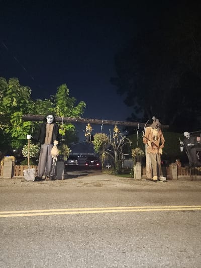 The image depicts a residential entrance decorated for Halloween at night in Lakewood, United States. In the foreground, an asphalt road with double yellow lines spans horizontally. Two large, anthropomorphic figures flank a driveway entrance. On the left, a figure resembling Jason Voorhees wears a dark jacket, grey pants, and a white hockey mask, holding a shovel upright in its right hand and a small, light-colored sack in its left. On the right, a scarecrow-like figure with tattered brown clothing holds a scythe with a long handle in its right hand.

Above the entrance, a horizontal wooden beam is strung with multiple small, white skeleton figures hanging downwards, interspersed with string lights. Green foliage, including trees and bushes, is visible on both sides of the entrance, illuminated by artificial light. Low fencing or decorative walls are present at the base of the figures and along the property line. In the background, a driveway leads into the property, where two vehicles are parked. The vehicle on the left is a silver sedan, and the one on the right is a darker vehicle, both displaying illuminated red taillights. The sky above is dark, indicating nighttime.