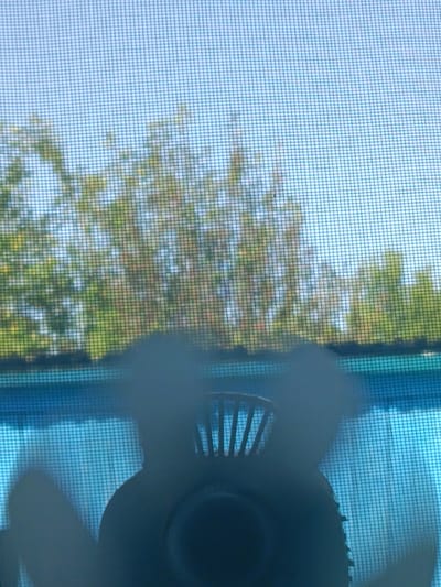 The image depicts a view through a window screen at eye level, looking outwards towards a blurry outdoor scene with trees. In the foreground, obscuring the bottom half of the view, is a partially visible fan. The fan is dark and out of focus, with its blades and motor housing discernible. The outdoor scene shows green and yellow foliage, suggesting trees and possibly grass, under a clear blue sky. The screen itself is visible as a grid pattern overlaying the entire image. The location is identified as the city of Шипуново, Russia.