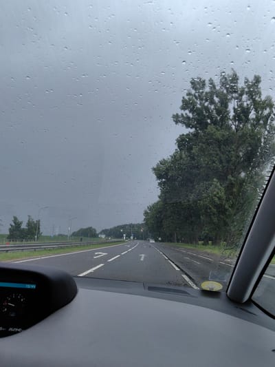 The image captures a view from inside a vehicle on a rainy day, looking through the windshield. Water droplets are visible on the glass, obscuring the scene slightly. The road ahead appears to be a highway or a multi-lane road with white lane markings, including a large arrow indicating a left turn or lane change. On the right side of the road, a large, dense tree line dominates the view. Beyond the trees, a grey, overcast sky suggests poor weather. In the foreground, the dashboard of the car is visible, including a digital display showing the time "15:44" and an odometer reading of "262940" kilometers. The location is identified as Дзяржынскі сельскі Савет, Belarus. There are no people clearly visible in the image.