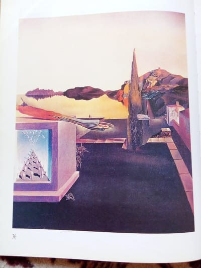 The image is a surrealist painting. In the foreground, a cubic structure with a translucent panel displays a triangular arrangement of white, stylized figures ascending from a fiery base. To the right of this structure, a dark, textured ground transitions into a paved path of rectangular tiles. A tall, slender tree with rough bark stands prominently in the middle ground, casting a shadow. Behind the tree, a landscape unfolds with a body of water reflecting purplish islands and a yellow sky. On the far right, a sun-drenched hill is terraced with stone structures and a small building. A red, elongated object, possibly a boat or a creature, extends from the left towards the water. The overall scene is characterized by a dreamlike atmosphere with sharp contrasts in light and shadow and unusual juxtapositions of objects and elements. The number "36" is printed in the lower left corner of the image. There is no discernible connection to the city of Zhmerynka, Ukraine.