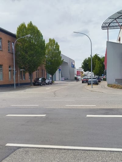 The image depicts a street scene in the city of Heilbronn, Germany, likely near a commercial area. In the foreground, a two-lane asphalt road is visible with white lane markings. To the left, a red brick building with windows lines the street, and two tall, leafy trees stand in front of it.

Further down the street, a modern, light-colored building with a curved facade and large windows is prominent. A dark-colored van and a lighter-colored SUV are parked along the side of the road in front of this building. To the right of the modern building, a street lamp with a curved arm is visible.

Beyond the modern building, more trees and buildings are present, including a structure with a corrugated metal facade on the far right. A person on a bicycle is riding on the road, moving away from the viewer. The sky is overcast with clouds. The scene suggests an ordinary day in a mixed residential and commercial district.