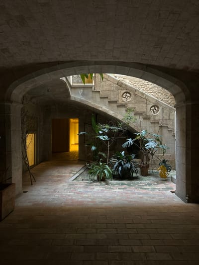 The image depicts an interior courtyard with a grand stone staircase, likely located in the historic old town of Girona, Spain. The courtyard is covered by a stone archway, with brick paving on the floor. Lush green plants are scattered throughout the space, with some placed in pots and others growing in a lower-level planter area. The staircase itself is made of stone, with decorative circular window-like openings along its side. The walls are constructed of rough-hewn stone blocks, giving the space an ancient and rustic feel. Natural light streams in from openings at the top of the courtyard and from a brightly lit doorway visible in the background. The overall impression is one of a well-preserved historical architectural space, possibly a private residence or a museum. There are no people visible in the image.