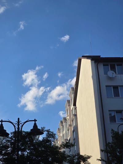 The image depicts a bright, sunny day with a clear blue sky and scattered white clouds. The perspective is skewed, making it appear as if the viewer is looking upwards. In the foreground, silhouetted against the sky, are two ornate lampposts with decorative scrollwork. Dense, dark green foliage from a tree partially obscures the lampposts.
Dominating the upper portion of the frame is the side of a building. The building has a light-colored facade, with a section in shadow cast by the building itself. Several windows are visible, some reflecting the sky. A satellite dish is mounted on the wall of the upper section of the building. Extending from the building's roof is a thin, metallic rod.
The scene suggests an outdoor urban or suburban setting, possibly a street or park area adjacent to residential buildings. The sunlight indicates it is daytime, likely midday or afternoon given the angle of the shadows. The weather appears pleasant and clear. No people are visible in the image. There is no visible text.