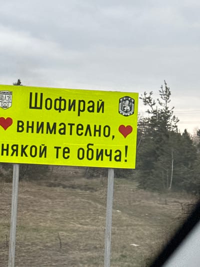 The image depicts a large, rectangular roadside sign with a vibrant yellow-green background and dark Cyrillic text, situated within the Samokov Municipality, near Dragushinovo, Bulgaria. The sign is mounted on two vertical grey metal poles. The primary message on the sign reads: "Шофирай внимателно, някой те обича!" (Drive carefully, someone loves you!). Two red heart symbols flank the word "внимателно" (carefully). An emblem with the partially visible text "САМОКОВ" (SAMOKOV) is located in the top-left corner of the sign, and another crest is in the top-right. The immediate environment includes a dry, grassy, sloping terrain below and to the left of the sign. To the right of the sign, a cluster of coniferous trees and some deciduous trees with bare branches are visible. The sky above is overcast and grey. A dark, blurry diagonal element in the bottom-right corner suggests the photograph was captured from within a vehicle. No individuals are present in the scene.