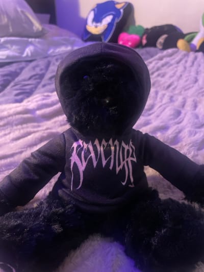 The scene, located in Plaisir, France, depicts a black plush toy seated upright on a white, textured surface, likely a bed. The plush figure is entirely covered in black fur, with a dark hood obscuring its head. A faint, small circular reflection is visible within the hooded area, suggesting a reflective eye-like feature beneath the fur. The toy wears a black long-sleeved hooded sweatshirt featuring the word "REVENGE" in a stylized, distressed white font across the chest. In the blurred background, several other plush toys are discernible, including a blue figure resembling Sonic the Hedgehog positioned to the left, and a bright pink, possibly strawberry-shaped plush to the right, along with other indistinct dark plush forms. The environment is illuminated with a noticeable purple ambient light.
