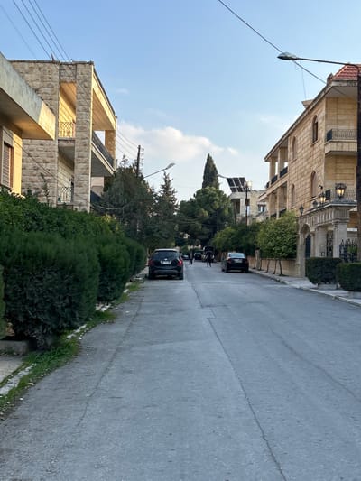 The media file captures a daytime street scene in a residential area of Aleppo, Syria. The view looks down a narrow, asphalt road exhibiting cracks and wear.
On the left side of the street, a multi-story building with a modern, angular design is prominent. It features a facade of light-colored stone or concrete blocks with visible structural elements. A line of green bushes and trees borders the pavement, alongside utility poles and overhead power lines.
The right side of the street is lined by another multi-story building, appearing more traditional or ornate, also constructed from light-colored stone, with decorative elements and ornate wall lamps. A section of a red-tiled roof is visible at its top. Green trees and bushes also extend along this side.
Several dark-colored vehicles, including SUVs and sedans, are parked along the right curb. In the mid-ground, near these cars, several indistinct human figures are visible, possibly standing or walking.
The sky above is bright and largely clear, with a few scattered white clouds, indicating fair weather during the day, likely late morning or afternoon. No specific event or strong emotions are discernible, presenting a calm, everyday street scene. There is no visible text in the image.