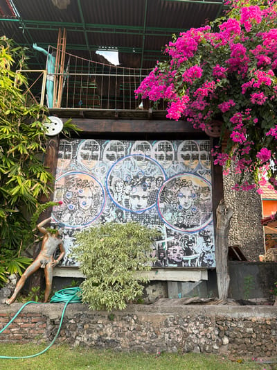The image depicts an exterior scene in Tejakula, Indonesia, featuring a multi-layered structure adorned with artwork and vegetation.
Dominating the center is a large mural on a dark backdrop, comprised of numerous portraits and faces, some enclosed within concentric circles with blue and pink accents. Above the mural, a weathered metal roof is supported by green metal framing. To the left of the mural, a life-sized statue of a nude male figure, rendered in a metallic-bronze hue, is posed with its left arm raised. A coiled green garden hose lies on the ground near the statue.
To the right of the mural, a thick tree trunk stands upright, and beyond it, a stone wall is visible, partially obscured by dense foliage. A vibrant pink bougainvillea bush cascades from the upper level of the structure, its flowers creating a striking contrast against the building's elements. On the upper level, a pale blue statue of a humanoid figure can be seen behind a metal railing. The ground in the foreground is covered with green grass and interspersed with small pink flowers. The overall environment suggests an outdoor art installation or a creatively decorated building in a tropical setting.