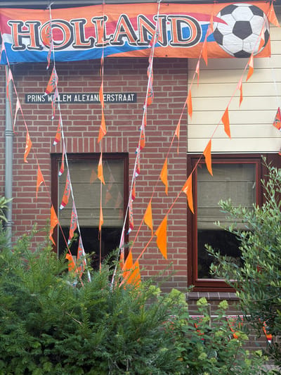 The image depicts the facade of a brick house in Maasdijk, Netherlands, decorated for a sporting event, likely a Dutch national team football match. A large orange banner with the word "HOLLAND" and a black and white soccer ball is hung above the house's entrance. Numerous small orange pennant flags are strung across the front of the house, some with white and blue accents and depictions of Dutch lions. A street sign that reads "PRINS WILLEM ALEXANDERSTRAAT" is visible on the brick wall. Two windows are present, one on each side of the entrance. Green foliage from bushes and trees partially obscures the lower part of the house. The sky is not visible. No people are present in the image.