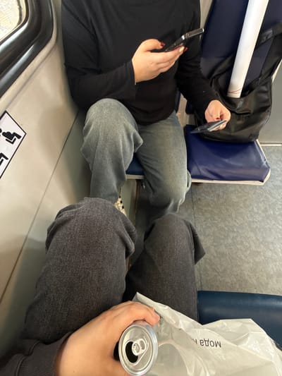 Two people are seated next to each other on a train. The person in the foreground is holding a can of soda and a plastic bag. The person behind them is wearing a black long-sleeved shirt and grey pants, and is holding a phone and a wallet. The train interior includes blue seats and a window. The image does not contain any information that would suggest the location is Aprelevka, Russia.