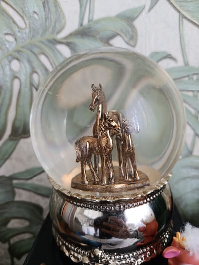A clear glass snow globe with a silver ornate base sits on a dark surface. Inside the snow globe, three metallic horses are arranged in a cluster. The background features a wallpaper with a tropical leaf pattern in shades of green and white. The scene is lit, highlighting the reflective surfaces of the snow globe base and the metallic horses. The image is a close-up shot, focusing on the snow globe and its contents. There are no people visible in the scene. The location is Shishkin Les, Russia.