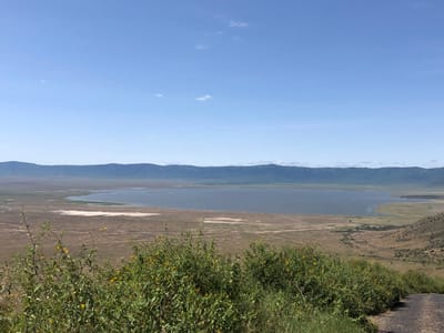 The image is a panoramic view from a hilltop overlooking a large body of water in the Malanja Depression of Tanzania. The location's coordinates are latitude: -3.158, longitude: 35.479. The foreground consists of a grassy, brushy area that slopes downward toward a dirt road in the lower right corner. The background shows a vast body of water stretching out to the horizon. Beyond the water, a ridge of hills rises up, creating a hazy outline against the bright blue sky. The sky is mostly clear with only a few wisps of white clouds. The scene appears serene and peaceful, with no people or other signs of human activity present.