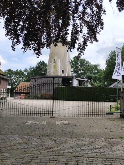 The image shows a view from a cobblestone pathway looking towards a tall, cylindrical, light-colored building, likely a former windmill. The building has small, arched windows and is partially obscured by dark foliage from a tree in the foreground. To the left of the windmill is a brick building with a dark roof and white trim. In front of the windmill is a wooden structure with a slanted orange roof and a stack of red bricks visible beneath it. A tall, black metal gate with ornate scrollwork separates the pathway from the area in front of the buildings. Beyond the buildings, a line of dense green trees forms the background. Two white flags with black text, possibly in Dutch, are visible to the right of the windmill. The ground in front of the gate is paved with cobblestones and gravel, with some loose leaves and debris scattered about. The sky is cloudy and bright. The location is identified as Schaijk, Netherlands. There are no people visible in the image.