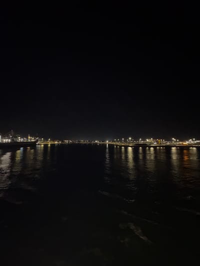 The image captures a panoramic nighttime view of the port in Brindisi, Italy. A wide body of dark water occupies the lower and middle sections of the frame, reflecting numerous artificial lights from the distant shorelines. The sky above is entirely dark, indicating a lack of ambient light beyond the urban illumination.
On the left shoreline, a section of the port is visible, featuring a large, dark vessel, likely a cargo ship or ferry, partially docked or anchored. Behind this vessel, tall industrial structures resembling gantry cranes are present, illuminated with multiple yellow-white lights and at least one red beacon near the top of a crane. The entire left bank is brightly lit by evenly spaced yellow-white lights, casting distinct, elongated reflections vertically onto the water's surface.
The right shoreline, extending further into the distance, is also defined by a continuous line of similar yellow-white lights, which create parallel reflective streaks on the water. The water itself exhibits subtle ripples, particularly towards the foreground and right side, slightly distorting the light reflections. No individuals or specific activities are discernible. The scene depicts a quiet, illuminated port environment at night.