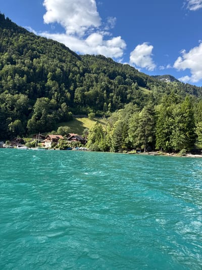 This is a photograph of the turquoise waters of Lake Thun in Sundlauenen, Switzerland. The foreground is dominated by the rippling, aquamarine surface of the lake, with sunlight glinting off the waves. In the midground, a shoreline dotted with trees and houses is visible. The houses are clustered together, featuring red-tiled roofs and wooden balconies, suggesting a traditional Swiss alpine style. Several boats are moored along the shore, including a white sailboat. Beyond the houses, a steep, densely forested mountainside rises, covered in a variety of green trees. The sky above is a clear blue, with scattered white cumulus clouds. The overall impression is one of a serene and picturesque natural landscape with human settlement integrated into it.