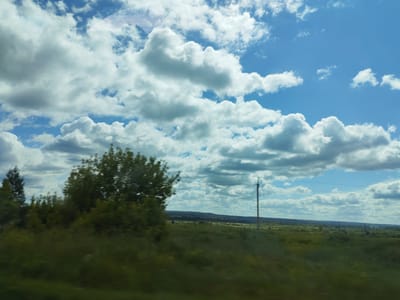 A wide-angle, slightly blurred outdoor photograph captures a natural landscape with a bright blue sky filled with scattered white and gray cumulus clouds. In the foreground, a band of out-of-focus green foliage runs horizontally across the bottom of the image. The middle ground features a flat, green field dotted with trees and shrubs, extending towards a distant, hazy horizon. A single utility pole with visible wires stands prominently on the right side of the field. The overall impression is of a rural or undeveloped area under a dynamic, cloudy sky.
