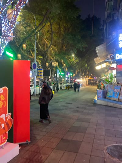 The image captures a nighttime urban street scene within 天宫殿街道, China. A paved pedestrian sidewalk, constructed from square grey tiles, occupies the right side of the frame, leading into the distance. To the immediate left of the sidewalk, a roadway is visible, lined with trees adorned with numerous white lanterns and strings of white and blue lights. Several parked white vehicles are discernible along the curb on the roadway. A blue and red circular street sign is mounted on a pole near the trees.
In the mid-ground, a solitary individual walks away from the viewer on the sidewalk, wearing a dark jacket, dark trousers, and a dark baseball cap covering brown hair. Further down the sidewalk, two additional individuals, also dressed in dark clothing, walk in the same direction. On the far right, a building facade with extending awnings features illuminated signage, including a partial "Drink" sign in English and other Chinese characters. A display rack with framed beverage advertisements is positioned on a tiled base near the building.
In the immediate foreground, to the left, a tall, red rectangular promotional stand with a green left edge is present. A portion of a red panda character and Chinese text, likely related to New Year celebrations, is visible on the stand. The scene is illuminated by artificial lights emanating from storefronts, streetlights, and decorative elements on the trees, suggesting commercial activity in a bustling urban environment.