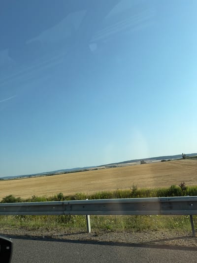 The image shows a roadside view of a harvested wheat field under a clear blue sky. In the foreground, a metal guardrail runs horizontally across the frame, separating the road from the field. The road surface is asphalt. The field is dry and golden, with rows indicating where the crops were harvested. In the background, a line of trees and hills can be seen. The scene is likely captured from a moving vehicle. The location is identified as Postoupky, Czechia.
