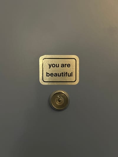The image displays a close-up of a plain, solid grey door, featuring two primary objects: a metallic plaque and a door peephole.

On the left side of the frame, a rectangular metallic plaque with rounded corners is affixed to the door. This plaque has a brushed or satin finish and contains the text "you are beautiful" printed in a black, sans-serif font. The text is oriented vertically, with "you are" appearing above "beautiful," and the entire phrase is rotated 90 degrees clockwise relative to the door's vertical axis.

To the right of the plaque, a circular door peephole is embedded in the door. It has a silver or chrome-like metallic housing and a clear, slightly convex lens.

The door's surface is uniformly grey, providing a minimalist background for the plaque and peephole. There is no discernible activity taking place, and the scene is static, presented under indoor lighting conditions. The visible text on the plaque conveys a positive and encouraging message. While no visual cues within the image indicate a specific geographical location, the provided context specifies Pantin, France.