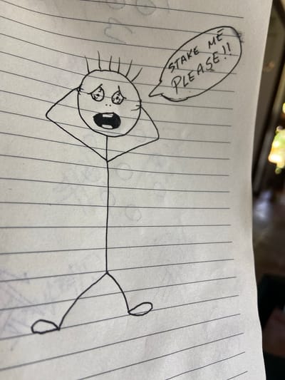 A drawing on lined paper depicts a stick figure with its hands on its head, a wide open mouth, and wide eyes. A speech bubble above the stick figure contains the text "STAKE ME PLEASE!!". The drawing is in black ink. The background of the image is out of focus, but appears to be an indoor setting with some lighting. The location of Los Velásquez, Venezuela is not depicted in this image.