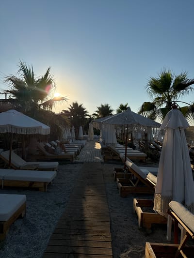 This image depicts a beachside setting in Pallini Municipal Unit, Greece, likely during a warm day as suggested by the clear sky and palm trees. The scene features a row of empty lounge chairs and umbrellas set up on a sandy area, with a wooden pathway running alongside them. The sun is low in the sky, casting long shadows and creating a golden hour glow, indicating it is either sunrise or sunset. The presence of lounge chairs and umbrellas suggests a resort or a public beach area designed for relaxation and sunbathing.
In the foreground, several white umbrellas with decorative fringes are visible, along with wooden-framed lounge chairs topped with white cushions. Beyond these, more lounge chairs and umbrellas stretch into the distance. The beach appears to be relatively quiet, with only one person visible in the distance, lying on a lounge chair. Palm trees are scattered throughout the scene, adding to the tropical or Mediterranean atmosphere. The ground is a mix of sand and small pebbles, with a wooden deck or boardwalk extending along the edge of the beach. The overall mood is serene and peaceful, evoking a sense of vacation and relaxation. No visible text is present in the image.