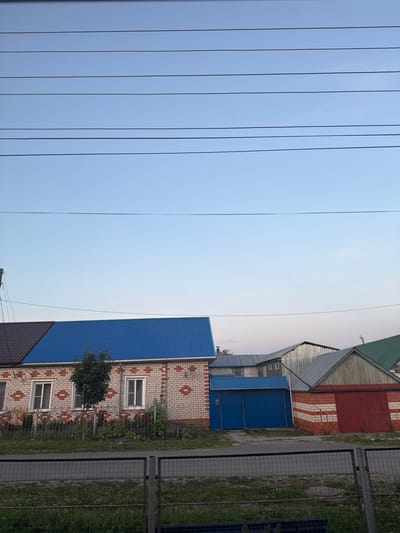 This image depicts a residential area in Kugesi, Russia, under a clear, pale blue sky. Several buildings with corrugated metal roofs are visible, varying in color from bright blue and dark brown to metallic silver and green. One prominent building features a light-colored brick facade with decorative red brick patterns and white-framed windows. Adjacent to it is a blue structure with a double door. To the right, a brick building with red and white stripes has a large red garage door. A metal fence runs along the foreground, separating the properties from a paved surface. A small tree stands near the brick building with windows, and low-lying greenery and flowers are present in front of the fence. Power lines are strung across the upper portion of the sky, indicating the presence of infrastructure. There are no people visible in the scene.
