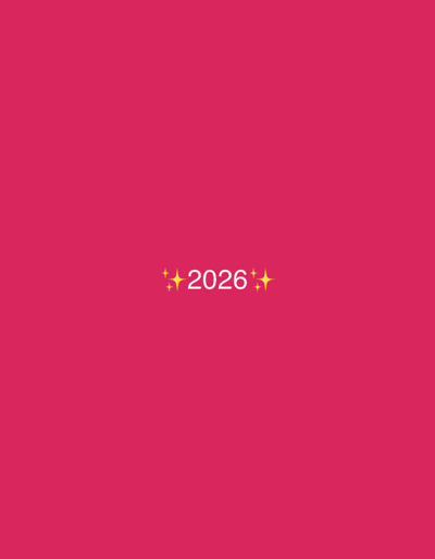 A solid, bright pink background centrally features the sparkling number "2026". Glitter-like symbols flank the year on either side. The composition is simple and eye-catching, placing emphasis on the year.