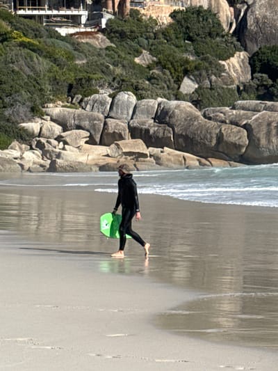 A person in a black wetsuit is prone on a lime green bodyboard on the beach at Hout Bay, South Africa. They are positioned perpendicular to the edge of the water, which has small waves breaking. A cluster of large grey rocks covered with green vegetation is to the left. Further to the left is a building under construction. The beach is flat, wet sand with visible reflections.