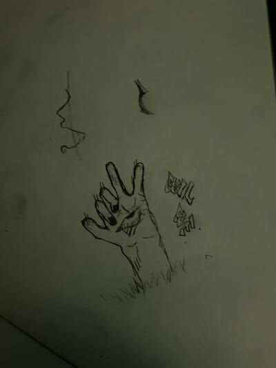 The image is a sketch on paper, featuring a hand with sharp, claw-like fingernails in the foreground. The hand is drawn with dark lines, and there are some shading elements to give it depth. To the right of the hand, there are two stylized word-like drawings, possibly "EVIL" and another symbol. In the upper left portion of the sketch, there are two separate, partial drawings of a human profile and a curved line. The overall impression is a dark and somewhat menacing aesthetic, possibly related to a comic book or animation style. The background is a plain, textured paper surface. There is no information available to determine the specific location in Elizabeth City, United States, as this is a creative sketch.