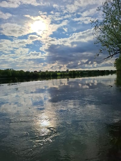 The image shows a body of water reflecting the sky. The water appears to be flowing and slightly rippled. The sky has blue patches with numerous white and gray clouds. The sun is visible through a break in the clouds. A line of trees and vegetation is visible along the horizon. Branches from a tree are in the upper left corner. The photograph might be in Дерезовка, Russia.