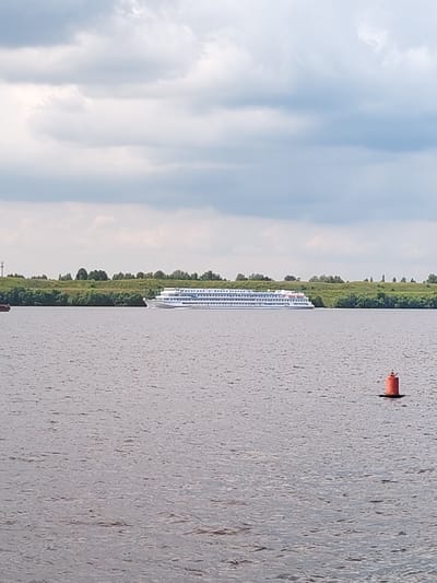 The image depicts a wide river with a large, white cruise ship sailing on its surface. The ship has multiple decks and a blue stripe running along its side, with white railings. The riverbanks are lined with lush green trees and grass. In the foreground, a small, red buoy floats in the water. The sky is overcast with gray clouds. The location is identified as Faliukovo, Russia.