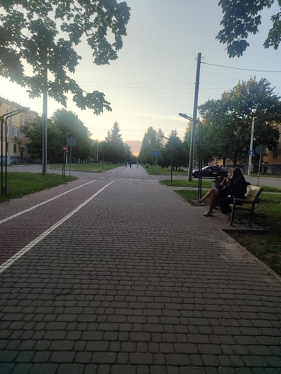 The image depicts a paved pedestrian and bike path in the city of Zhovti Vody, Ukraine, during what appears to be late afternoon or early evening. The path is constructed of grey interlocking pavers, with a dedicated bike lane marked by white lines.
On the right side of the path, a wooden bench is occupied by two individuals. One person, wearing a dark top and shorts, is seated with their legs crossed, holding a mobile phone and appearing to engage with it. Another person, also in dark clothing, is seated beside them.
Further down the path, several other pedestrians are visible in the distance, walking in the same direction. A dark-colored car is parked on the road to the right of the path, and a trash receptacle is situated near the bench.
The environment is characterized by mature trees lining the path, with some foliage casting shadows. Streetlights are present along the route, and buildings are visible on either side of the street. The sky is a pale, clear hue, suggesting calm weather conditions. The overall scene conveys a sense of urban tranquility.