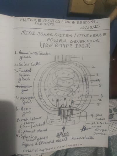 A handwritten diagram titled "Mini Solar System/Miniverse Power Generator (Proto Type Idea)" on lined paper, dated 06/25/25. The diagram depicts a spherical device with concentric layers labeled 1-8: Aluminosilicate glass, solar cells, fused silica glass, helium gas, hydrogen gas, neon gas, mini planet starter (iron/nickel), and planet stand. Extending from the base are gas tubes and an electrical surge device. Additional text: "Spins [Frontal view] Kaventuz. Other diagrams coming soon." The paper also lists "Future Goals [Web Designs] Projects."