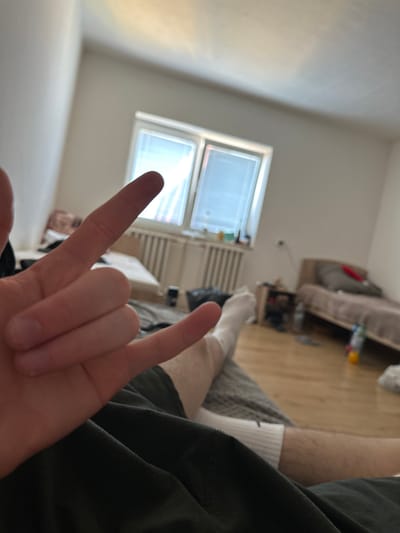 The image shows a close-up of a person's hand making the "rock on" gesture, with fingers extended and thumb tucked in. The background is a bedroom with two beds, one with a grey headboard and pillows, and another lighter-colored bed. There is a window with blinds, a radiator, a nightstand with items on it, and a wooden floor. The overall impression is a casual indoor setting. The image does not provide any specific clues to pinpoint its location within Klatovy, Czechia, as it depicts a generic bedroom scene.