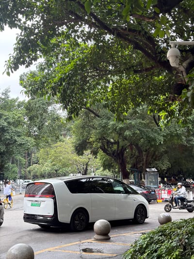 The image shows a street scene in what appears to be the Baiyun District in China, indicated by the license plate "粤A" from Guangzhou. A white car is parked along the side of the road near a row of stone bollards. The environment is lush with trees. In the background, there are parked scooters and a person is seen riding a scooter. A security camera is affixed to a tree branch.