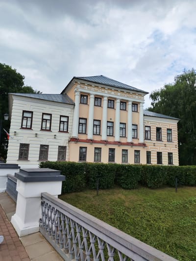 This is a medium-angle, full shot of a pale yellow classical style building with a dark roof. The building has a central section with a portico of six white columns and two identical sections on either side. The building is partially obscured by a thick, neatly trimmed green hedge in the foreground. To the left of the building, a lamppost with a small Russian flag is visible. The sky is overcast with grey clouds. The image appears to be taken from a slightly elevated position looking across a grassy slope with a decorative metal railing in the foreground. The location is identified as Vasil'ki, Russia.