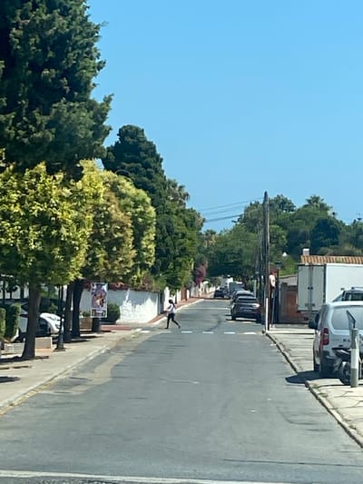 The image shows a street scene in Marbella, Spain, under a clear blue sky, suggesting it is daytime and the weather is pleasant. The perspective is from a moving vehicle, looking towards the side of the road.
On the right side of the road, a pavement runs alongside, bordered by a low white wall and lush green trees. Beyond the wall, there are buildings, including what appears to be a white commercial vehicle with a boxy trailer, possibly a delivery truck. Several cars are parked or driving along the street, mostly dark-colored sedans.
In the foreground, a person is visible on the pavement, leaning to the right. They are wearing dark trousers and a white top, and their posture suggests they might be looking at something on the ground or have stumbled.
Further down the street, a large sign is displayed, depicting what looks like colorful artwork or advertisements. The scene is lined with mature trees, some with dense green foliage and others with lighter, more textured leaves. The road surface is asphalt, with white lines indicating lanes. The overall impression is a sunny day in a residential or commercial area, possibly during a business day given the presence of commercial vehicles.